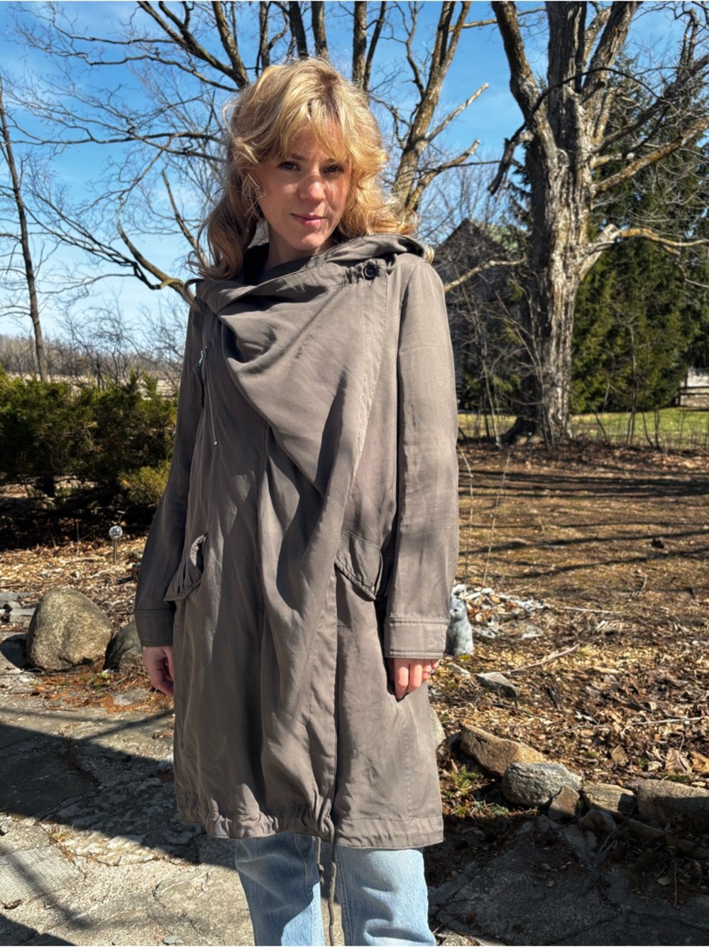 AllSaints Taupe Hooded Draped Trench Coat